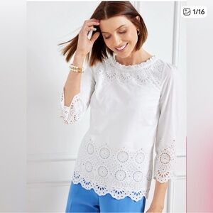 Talbots White Eyelet Lace 3/4 Sleeve Cotton High Round Neck Too Size SP